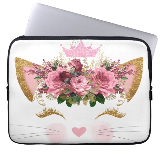 Pretty Pink Kitty Floral Pink Crown Laptop Sleeve (Front)