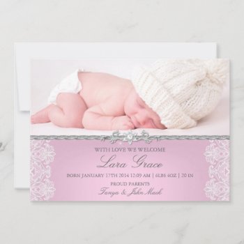 Pretty Pink Lace Birth Announcement by ExclusiveZazzle at Zazzle