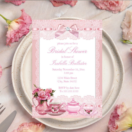 Pretty Pink Lace Bow High Tea Bridal Shower Invitation