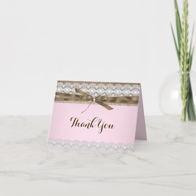 Pretty Pink Lace & Burlap Thank You Card (Front)