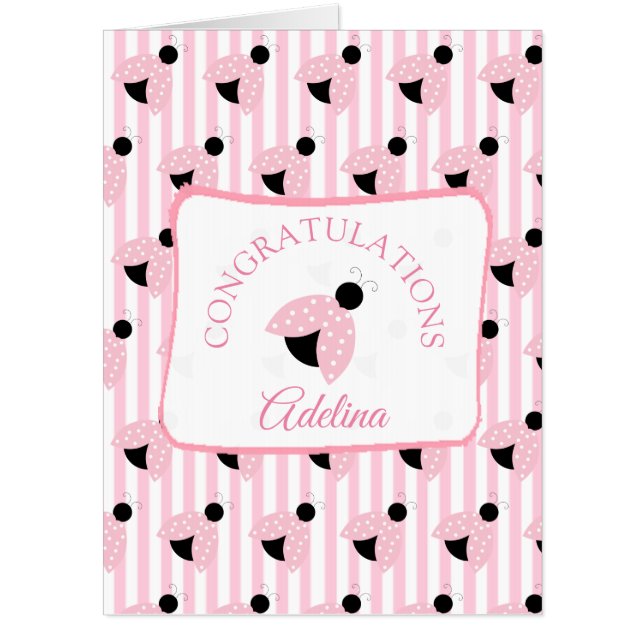 Pretty Pink Ladybug Personalized Baby Shower Card (Front)