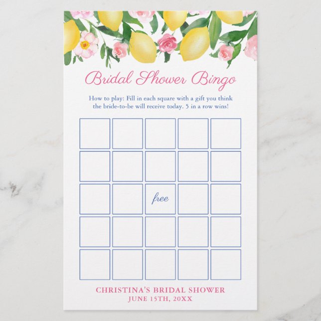 Pretty Pink Lemons Bridal Shower Bingo Game Card Flyer (Front)