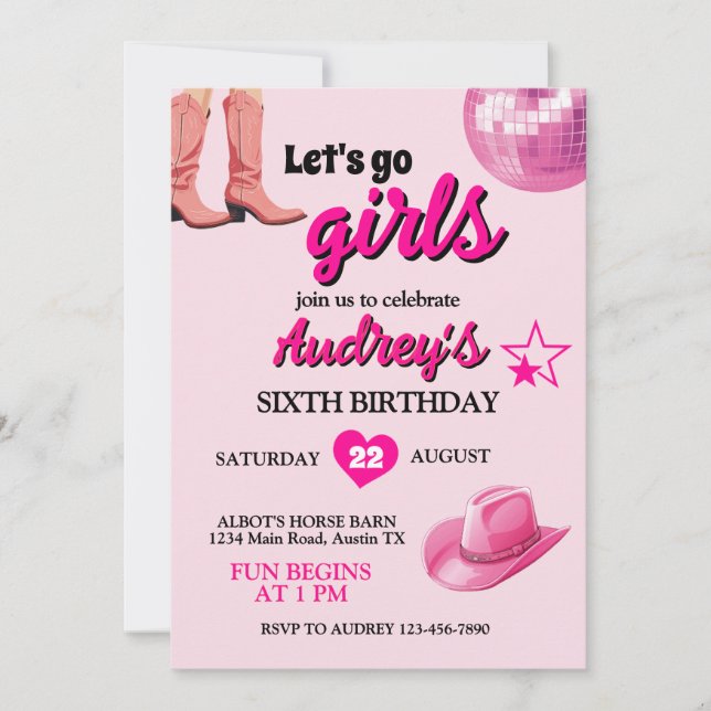 Pretty Pink Let's Go Girls Western Birthday Invitation (Front)