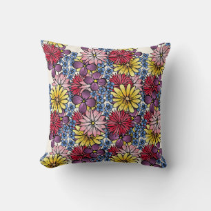 Pretty Pink Lilac Blue Red Wildflower Illustration Throw Pillow