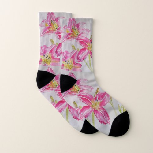 Pretty Pink Lillies Lily Floral Pattern Socks