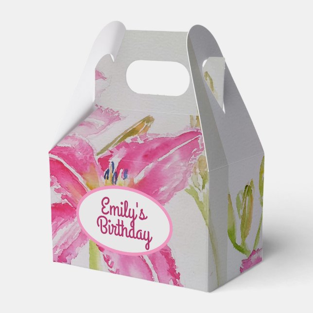Pretty Pink Lily Floral Wedding Cake Favour Box (Front Side)
