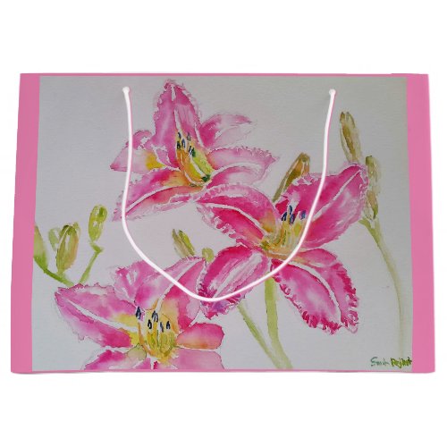 Pretty Pink Lily Flower Floral Lilies Watercolor Large Gift Bag