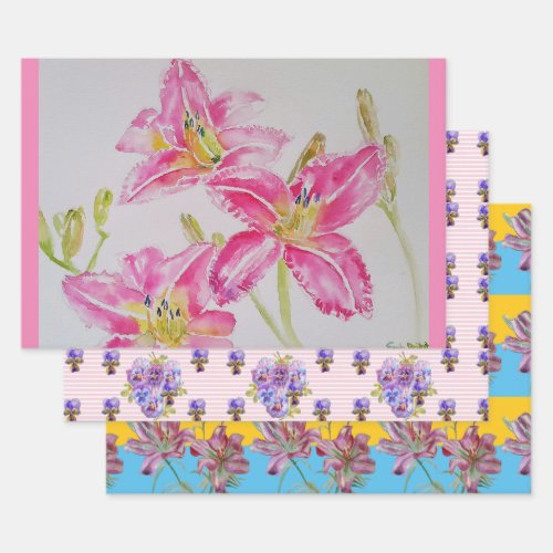 Pretty Pink Lily Flower Floral Lilies Watercolor Wrapping Paper Sheets