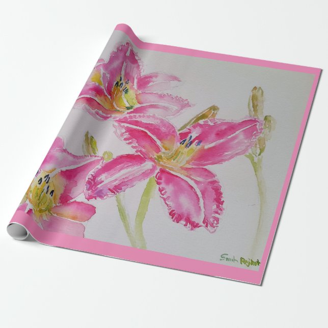 Pretty Pink Lily Flower Floral Watercolor Wrapping Paper (Unrolled)