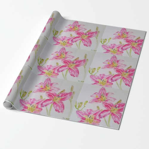 Pretty Pink Lily Flower Floral Watercolor Wrapping Paper