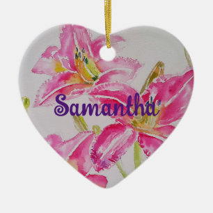 Pretty Pink Lily Lilies Watercolor Art Flower Ceramic Ornament