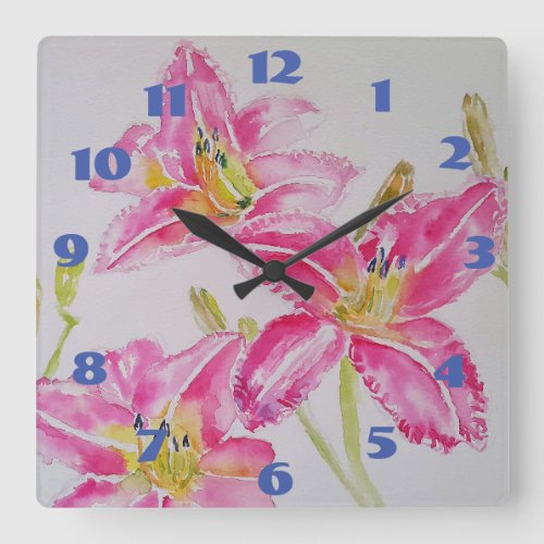 Pretty Pink Lily Lilies Watercolor Art Flower  Square Wall Clock