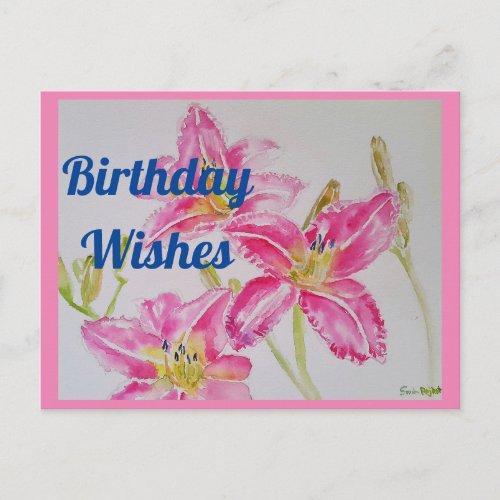 Pretty Pink Lily Watercolor Birthday Postcard