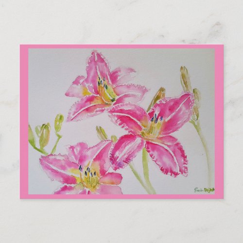 Pretty Pink Lily Watercolor Birthday Postcard