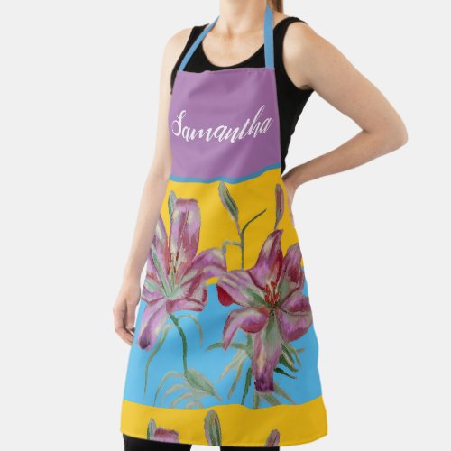 Pretty Pink Lily Watercolor Kitchen Floral Apron