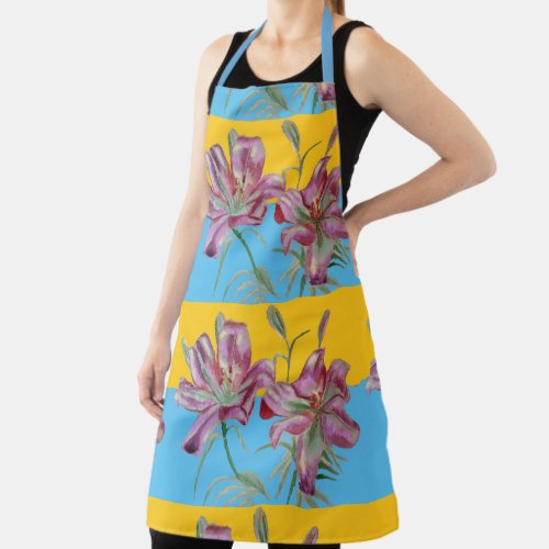 Pretty Pink Lily Watercolor Kitchen Floral Apron