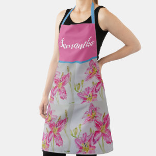 Pretty Pink Lily Watercolor Kitchen Floral Apron