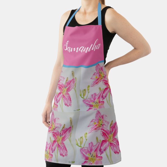 Pretty Pink Lily Watercolor Kitchen Floral Apron (Insitu)