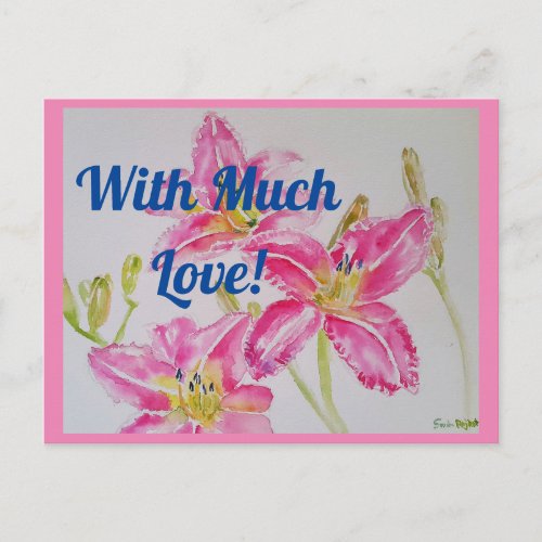 Pretty Pink Lily Watercolor With Love Postcard