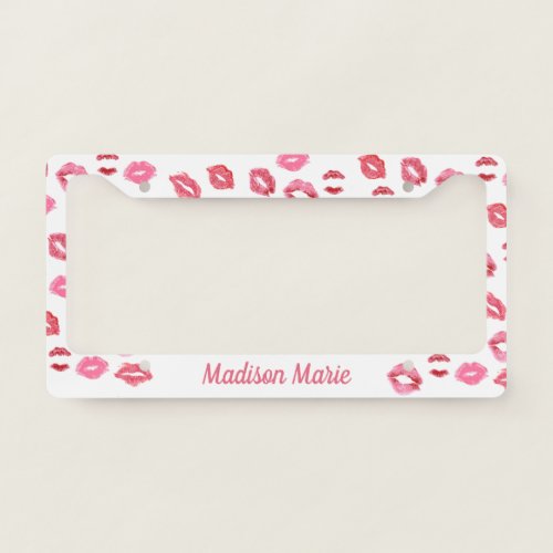 Pretty Pink Lipstick Kisses Girly Personalized License Plate Frame