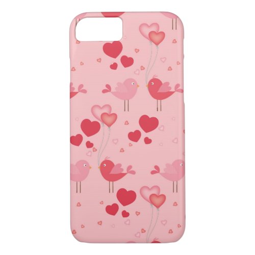 Pretty Pink Love Birds  Hearts Whimsical Pattern iPhone 87 Case