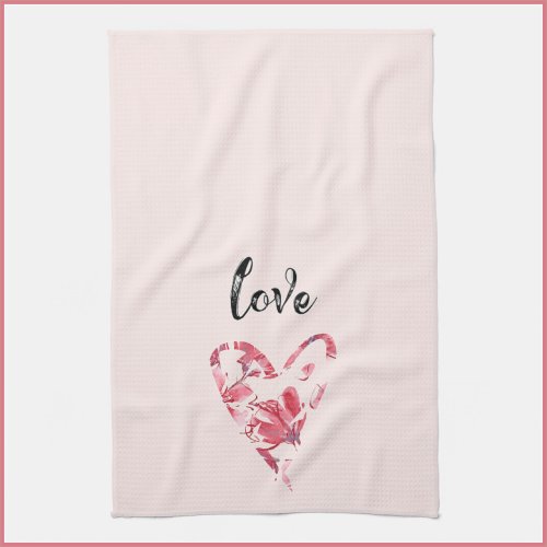 Pretty Pink Love Floral Heart Kitchen Towel