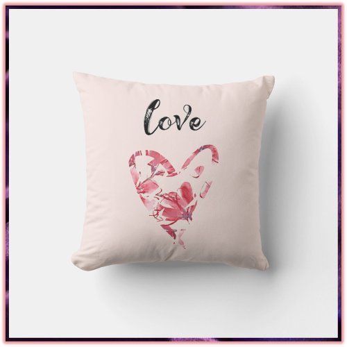 Pretty Pink Love Floral Heart Throw Pillow