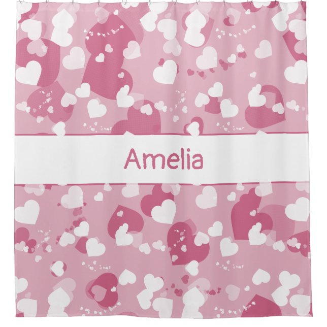 Pretty Pink Love Heart Personalized Shower Curtain (Front)