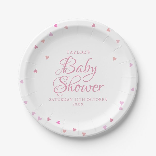Pretty Pink Love Hearts Baby Shower / Sprinkle Paper Plates (Front)