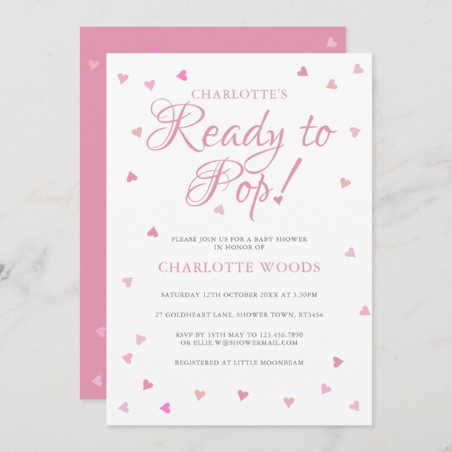 Pretty Pink Love Hearts Ready to Pop Baby Shower Invitation (Front/Back)