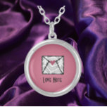 Pretty Pink Love Note Heart  Silver Plated Necklace<br><div class="desc">Pink and gray love note heart envelope with LOVE NOTE in modern lettering.</div>