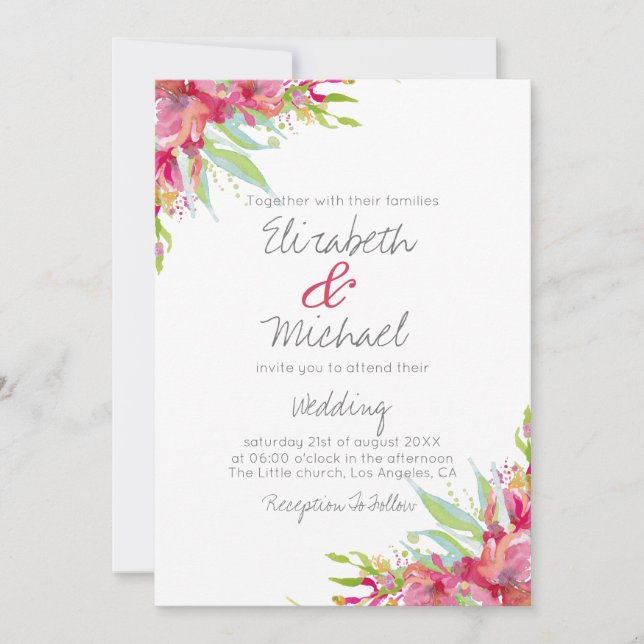 Pretty Pink Magenta Watercolor Floral Wedding Invitation (Front)