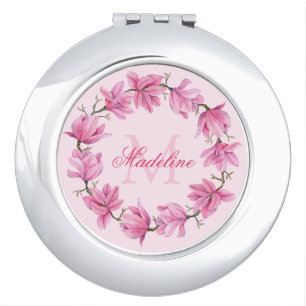 Pretty Pink Magnolia Blossom Wreath Personalized Compact Mirror