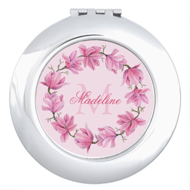 Pretty Pink Magnolia Blossom Wreath Personalized Compact Mirror (Front)