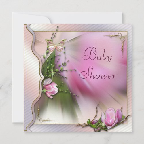 Pretty Pink Magnolia Butterfly Sparkle Baby Shower Invitation