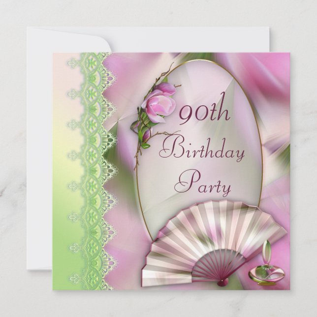 Pretty Pink Magnolia & Fan 90th Birthday Invitation (Front)