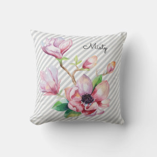 Pretty Pink Magnolia Floral Gray Stripes and Name Throw Pillow