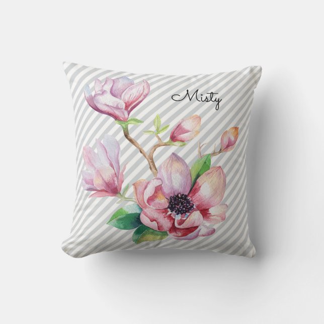 Pretty Pink Magnolia Floral Gray Stripes and Name Throw Pillow (Front)
