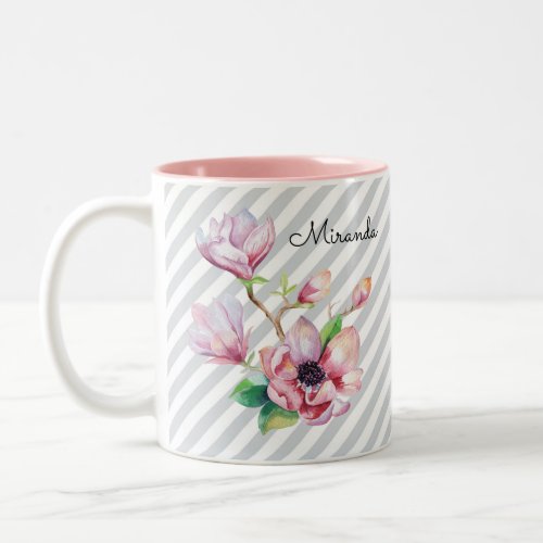 Pretty Pink Magnolia Floral Gray Stripes and Name Two_Tone Coffee Mug