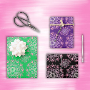 Pretty pink mandala on green, black, purple   wrapping paper sheets