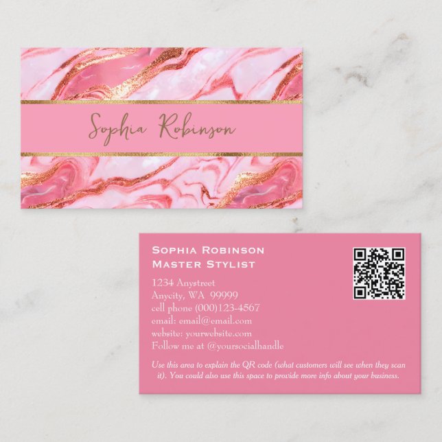 Pretty Pink Marble and Faux Gold Business Card (Front/Back)