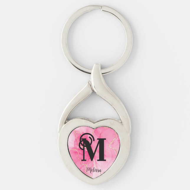Pretty Pink Marbled Monogram Name  Keychain (Front)
