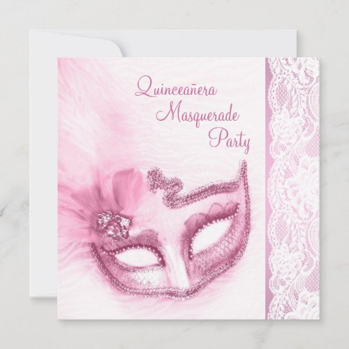 Pretty Pink Quinceanera Masquerade Party Custom Invitations