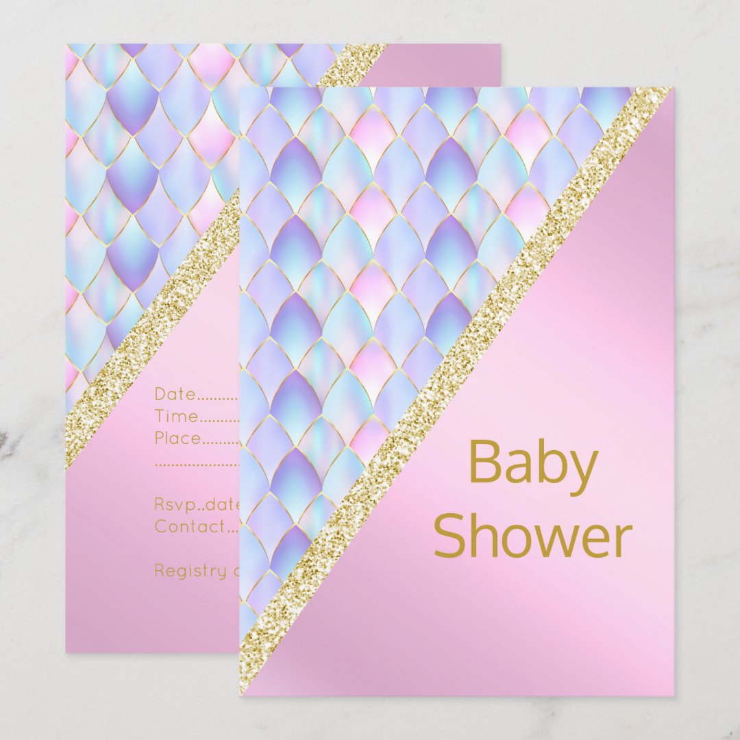 PRETTY PINK Mermaid BABY SHOWER INVITATION Gold Zazzle