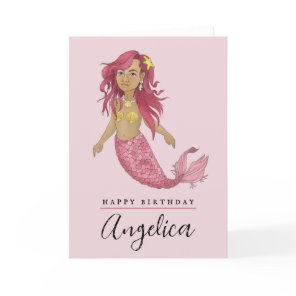 Pretty Pink Mermaid Girls Name Happy Birthday Card