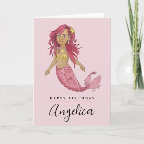 Pretty Pink Mermaid Girls Name Happy Birthday Card