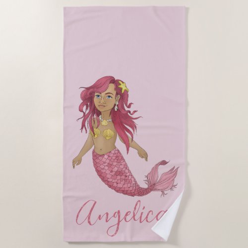 Pretty Pink Mermaid Girls Room Custom Name Beach Towel