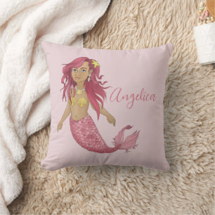 Pretty Pink Mermaid Girl's Room Custom Name Throw Pillow