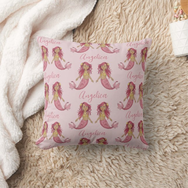 Pretty Pink Mermaid Girl's Room Custom Name Throw Pillow (Blanket)
