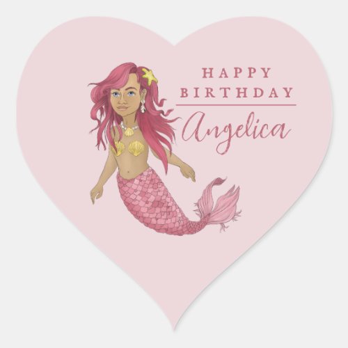 Pretty Pink Mermaid Happy Birthday Custom Name Heart Sticker